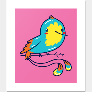 Blue Hummingbird on a Branch, Kawaii Cute Posters and Art